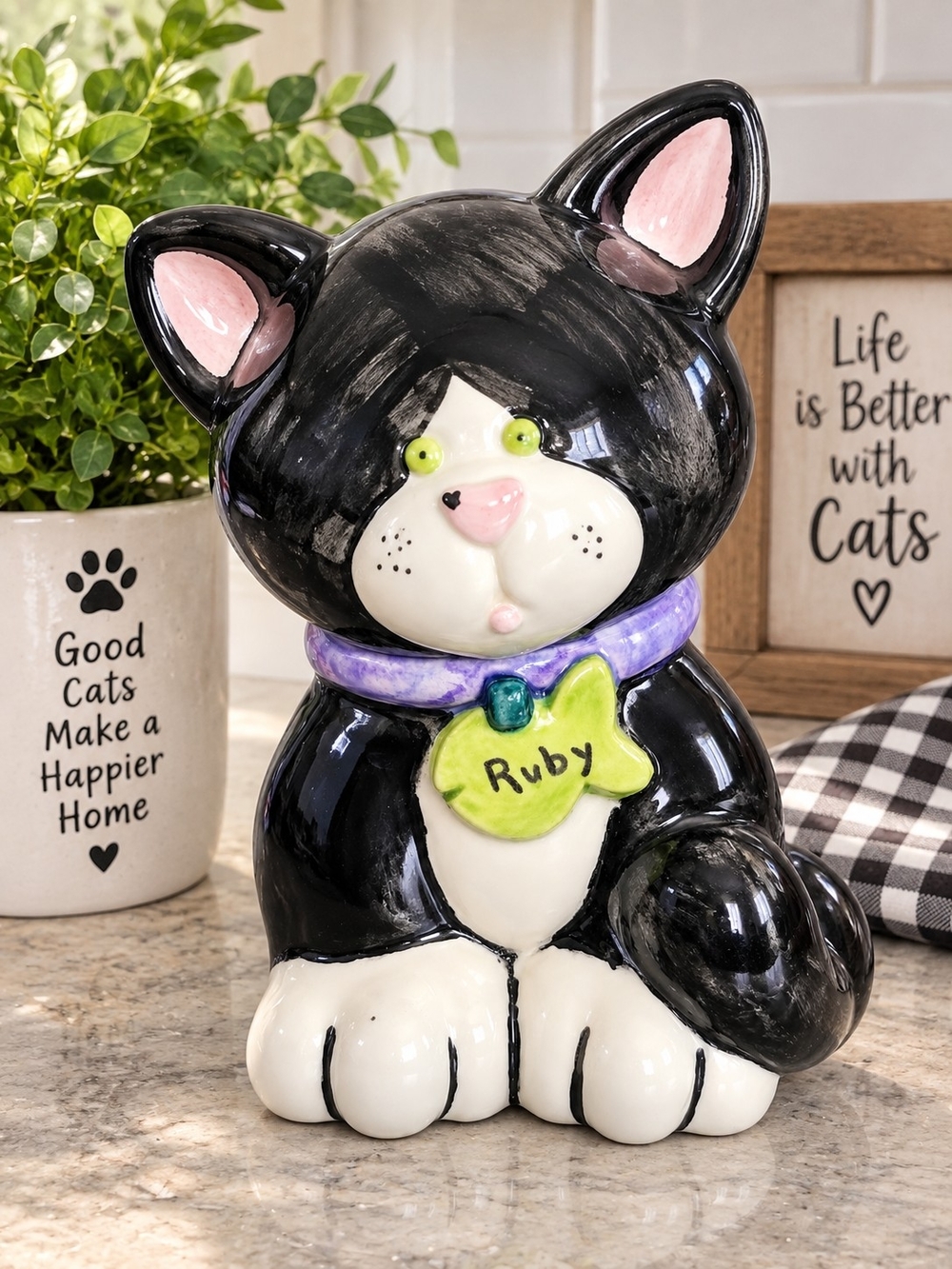 Hand-Painted Black Cat Ceramic Cookie Jar / Canister – 8"